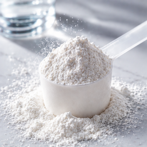 A close-up of a white scoop filled with white powder on a marble surface, with a glass behind it.